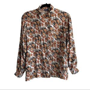 DANIEL HECHTER Vintage Button Front Blouse Floral Print Brown M